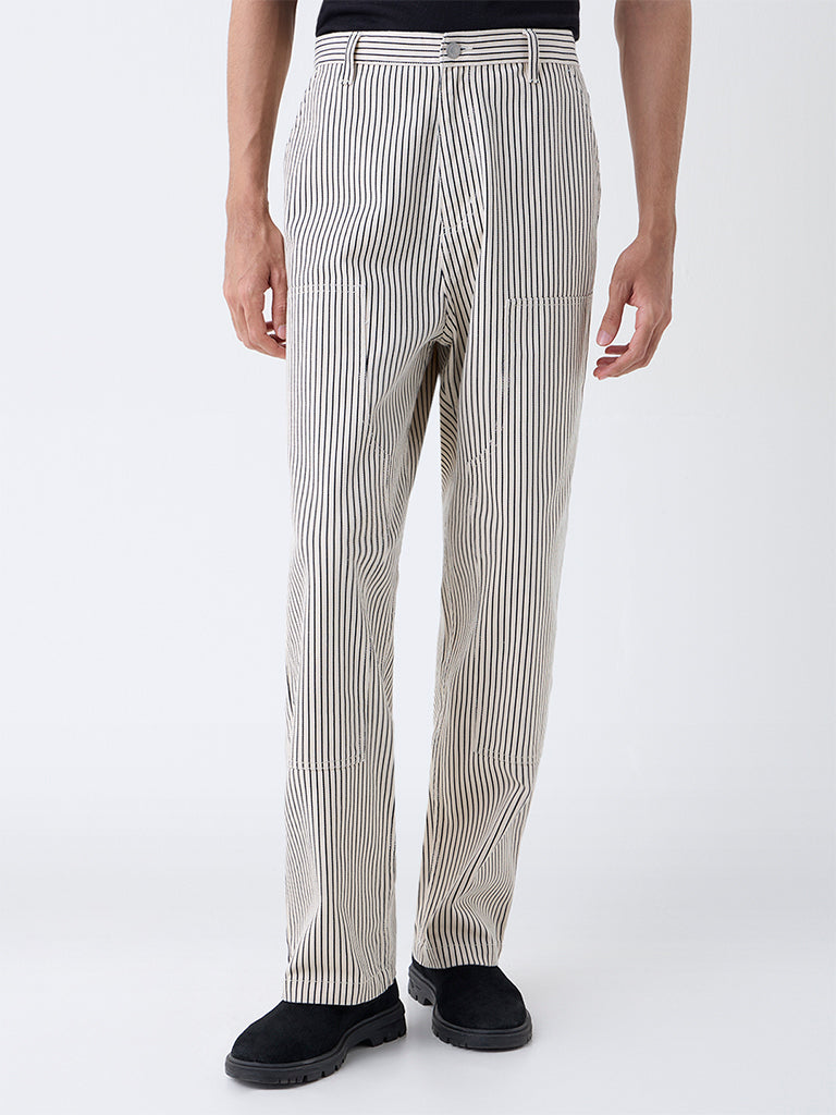 Nuon Beige Striped Loose-Fit Mid-Rise Cotton Pants