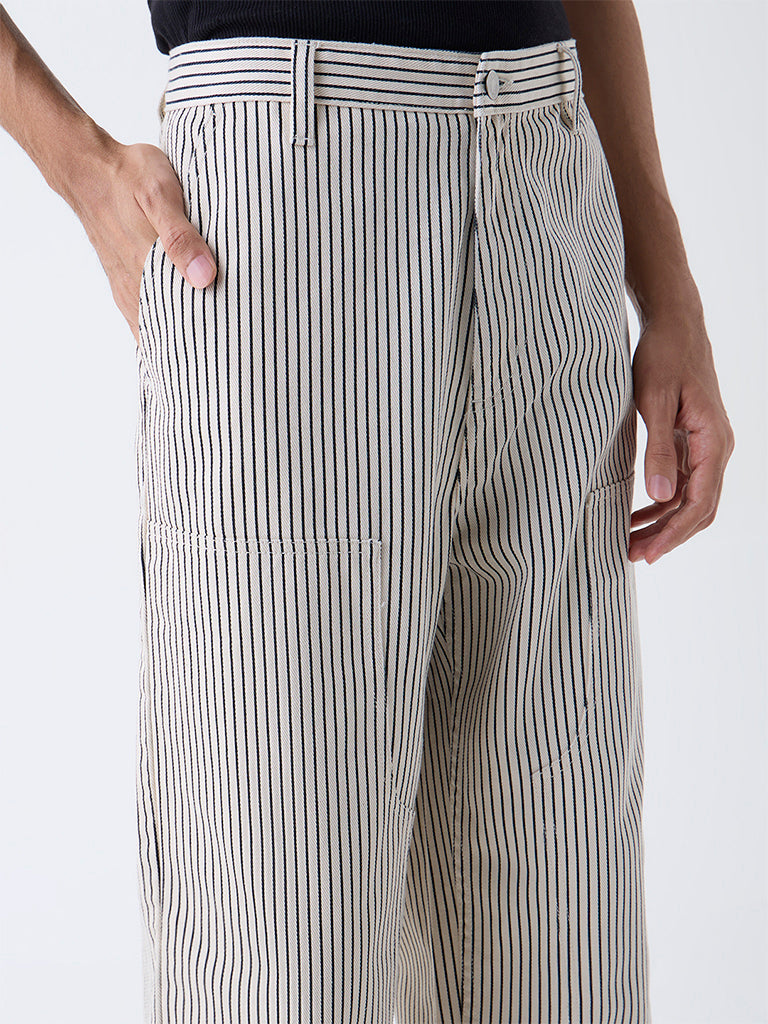 Nuon Beige Striped Loose-Fit Mid-Rise Cotton Pants