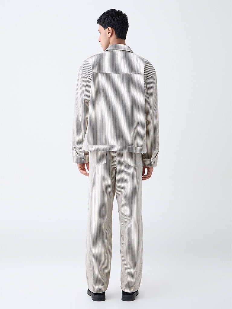 Nuon Beige Striped Loose-Fit Mid-Rise Cotton Pants