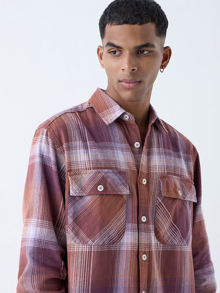 Nuon Purple Checkered Relaxed Fit Cotton Shirt