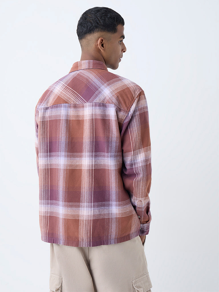Nuon Purple Checkered Relaxed Fit Cotton Shirt