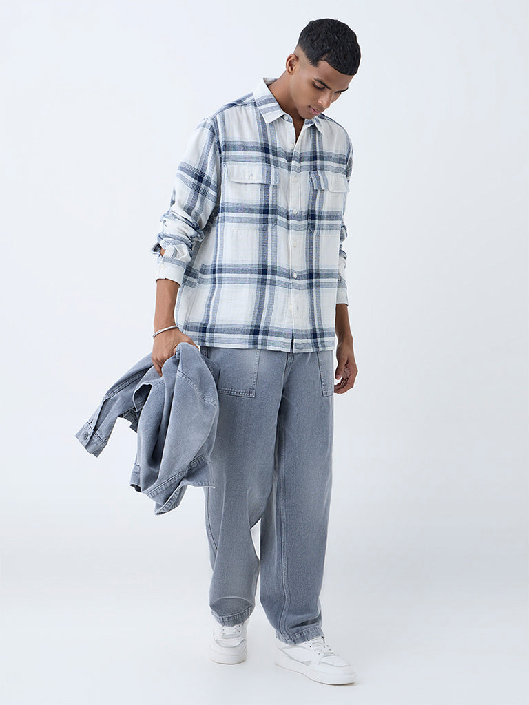 Nuon Blue Checkered Relaxed-Fit Cotton Shirt