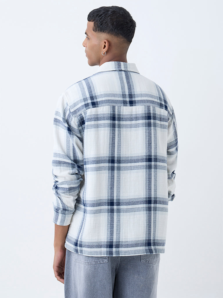 Nuon Blue Checkered Relaxed-Fit Cotton Shirt