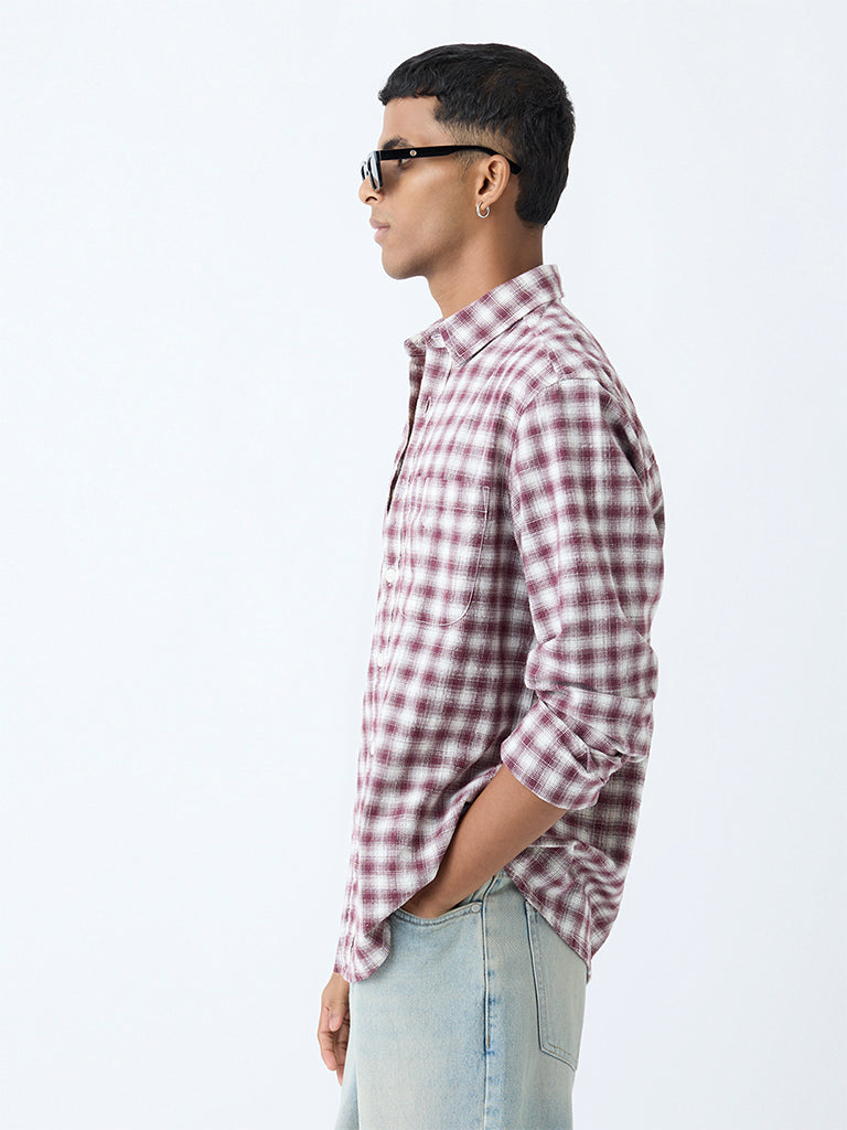 Nuon Maroon Checks Detailed Relaxed-Fit Cotton Shirt