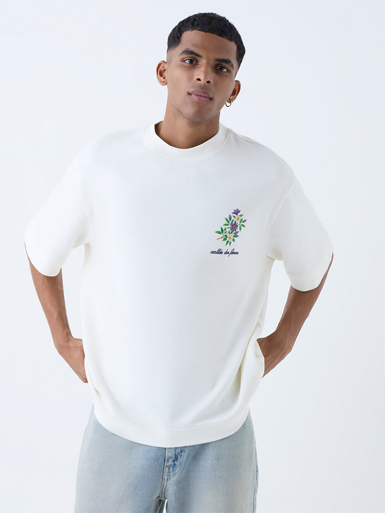 Nuon Off-White Floral Pattern Relaxed-Fit Cotton T-Shirt
