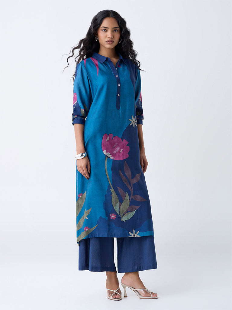 Utsa Indigo Floral Printed A-Line Kurta