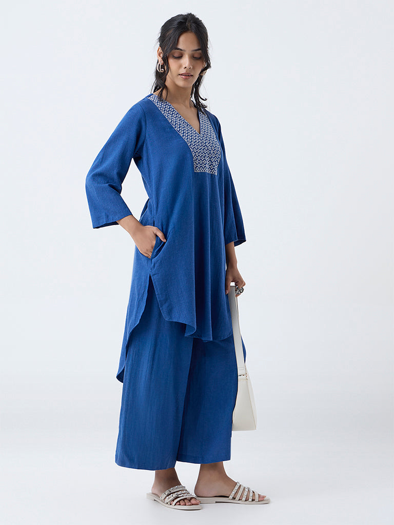 Utsa Blue Embroidered Denim High-Low Kurta