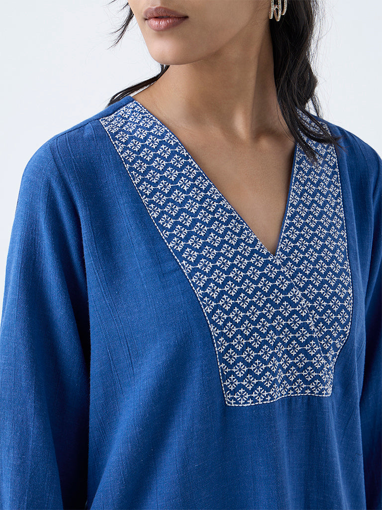 Utsa Blue Embroidered Denim High-Low Kurta