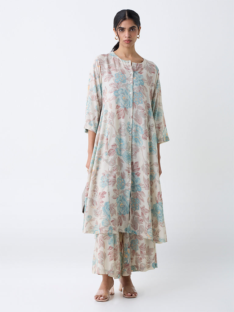 Zuba Off-White Floral Printed A-Line Kurta