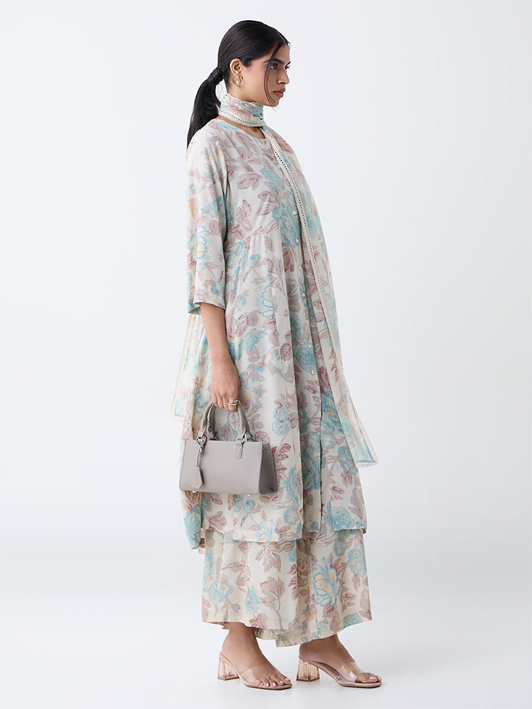 Zuba Off-White Floral Printed A-Line Kurta