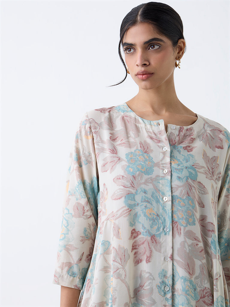 Zuba Off-White Floral Printed A-Line Kurta