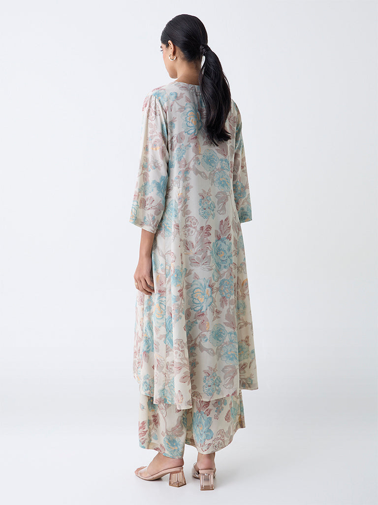 Zuba Off-White Floral Printed A-Line Kurta