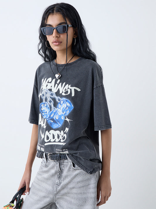 Westside Nuon Women's Grey Printed Cotton T-Shirt for Casual Wear Front view