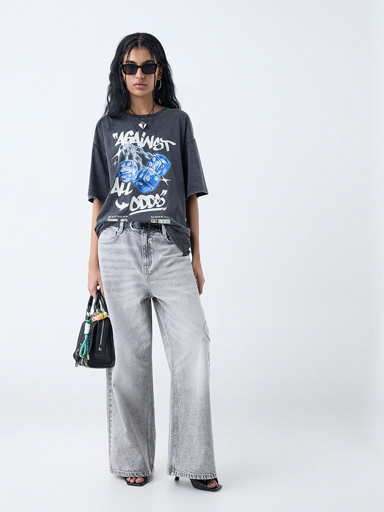 Westside Nuon Women's Grey Printed Cotton T-Shirt for Casual Wear Full View