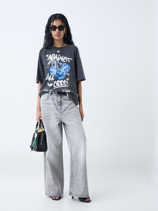 Westside Nuon Women's Grey Printed Cotton T-Shirt for Casual Wear Full View