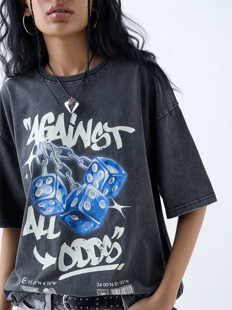 Westside Nuon Women's Grey Printed Cotton T-Shirt for Casual Wear Zoomed View