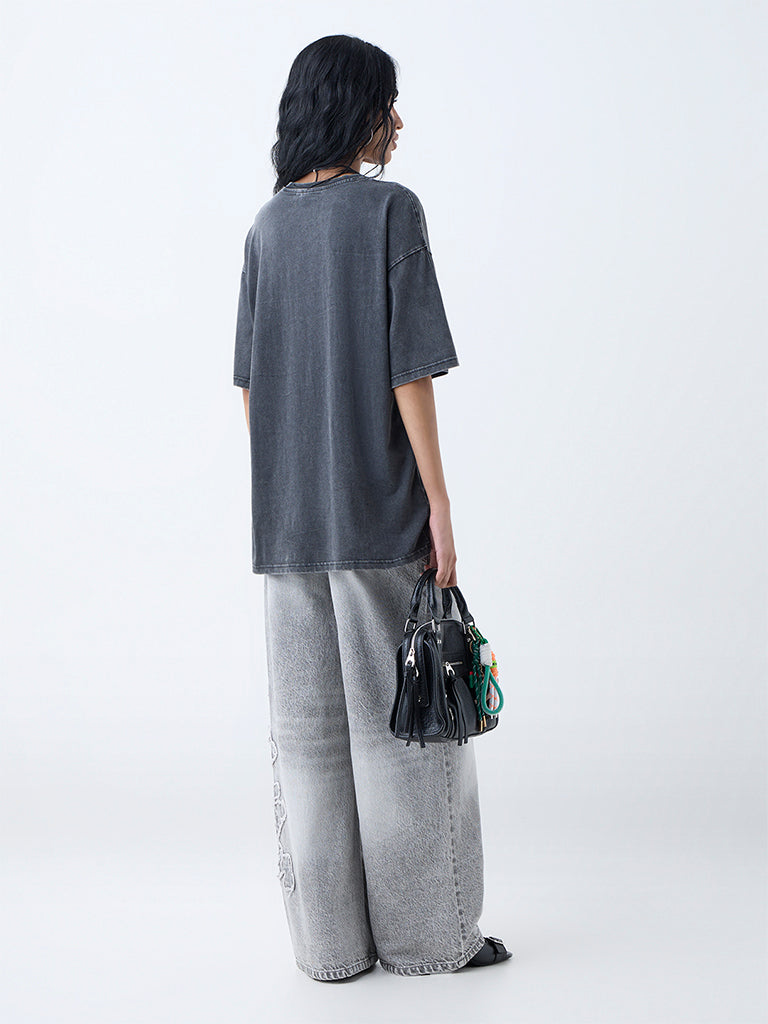 Westside Nuon Women's Grey Printed Cotton T-Shirt for Casual Wear Back View