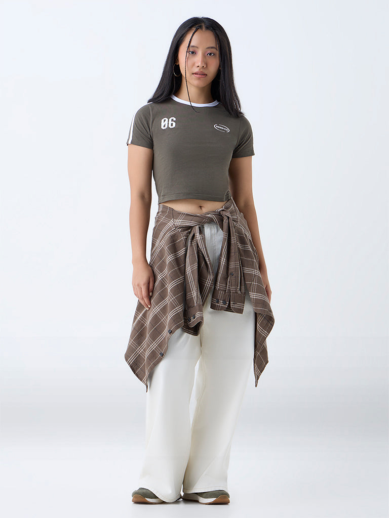 Westside Nuon Women's Olive Numerical Printed Cotton-Blend T-Shirt for Casual Wear Full View