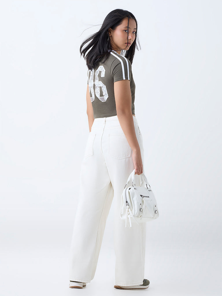 Westside Nuon Women's Olive Numerical Printed Cotton-Blend T-Shirt for Casual Wear Back View