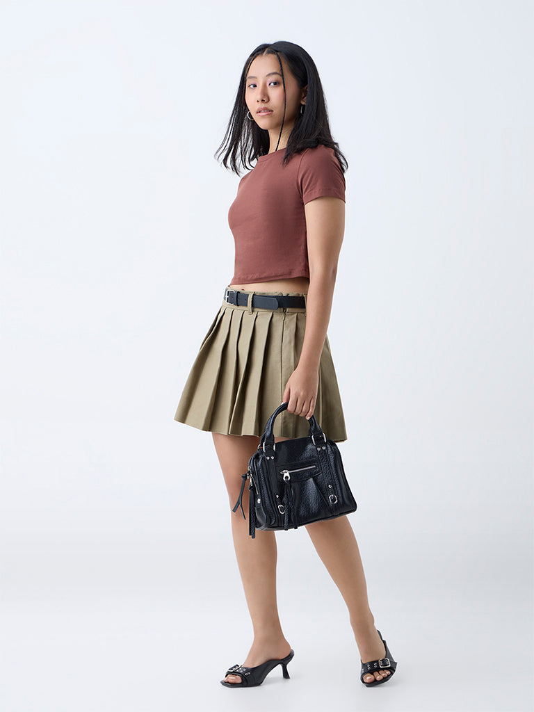 Westside Nuon Women's Brown Solid Cotton-Blend T-Shirt for Casual Wear Full View