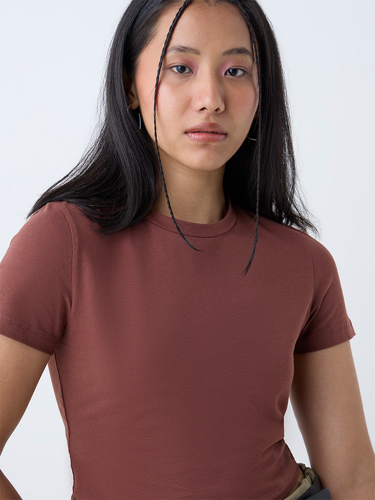 Westside Nuon Women's Brown Solid Cotton-Blend T-Shirt for Casual Wear Zoomed View