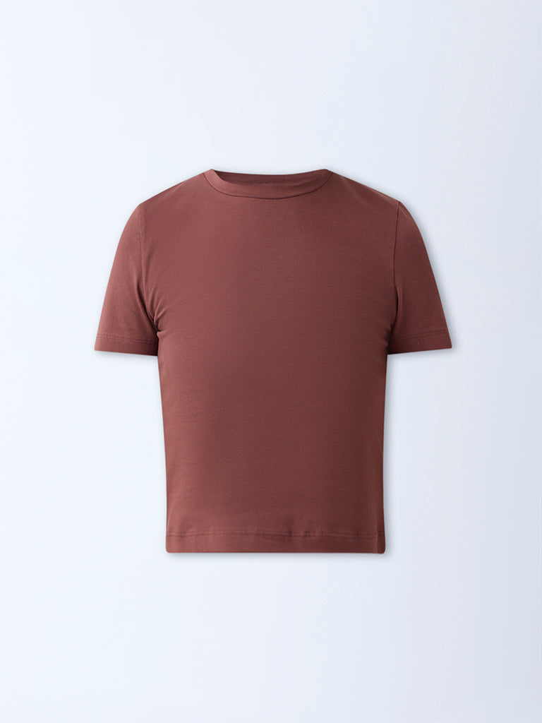 Westside Nuon Women's Brown Solid Cotton-Blend T-Shirt for Casual Wear Flatlay