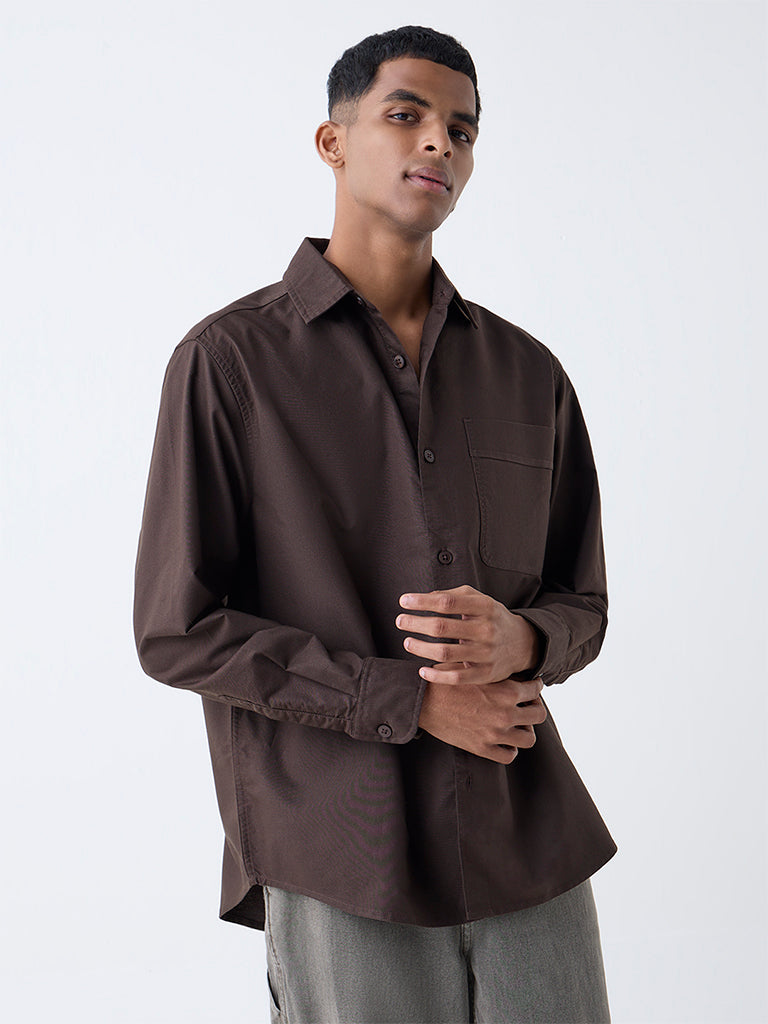 Nuon Dark Brown Solid Relaxed Fit Cotton Shirt