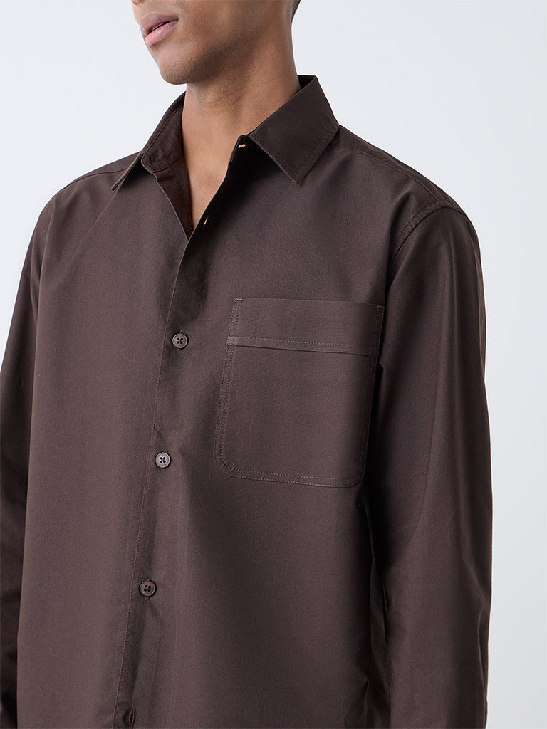Nuon Dark Brown Solid Relaxed Fit Cotton Shirt