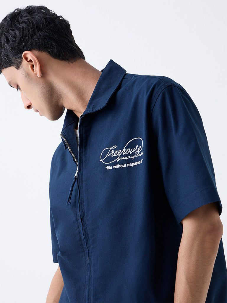 Buy Nuon Navy Text Embroidered Relaxed-Fit Cotton Jacket from Westside