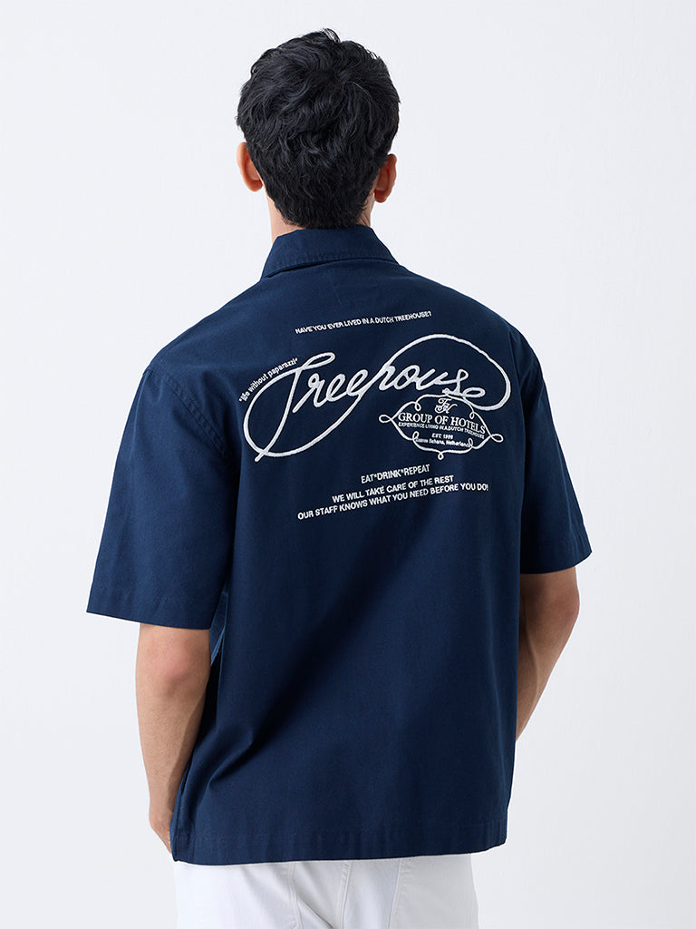 Buy Nuon Navy Text Embroidered Relaxed-Fit Cotton Jacket from Westside