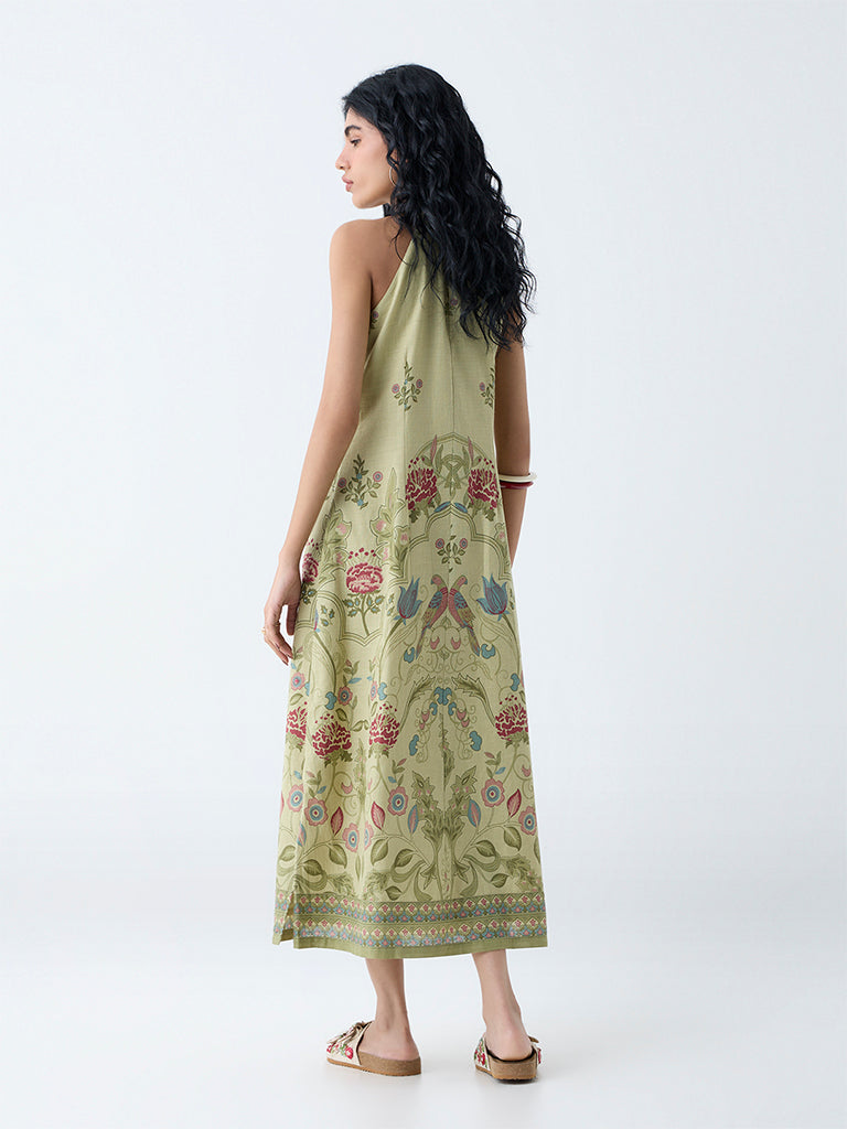 Westside Bombay Paisley Women's Sage Botanical Pattern Cotton A-Line Dress for Everyday Back View