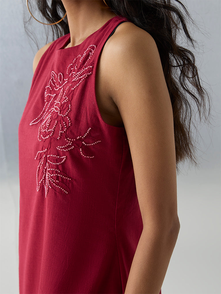 Bombay Paisley Red Floral Embellished Cotton Shift Dress