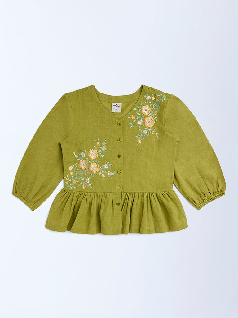 Utsa Kids Green Floral Embroidered Cotton Peplum Top - (8-14yrs)
