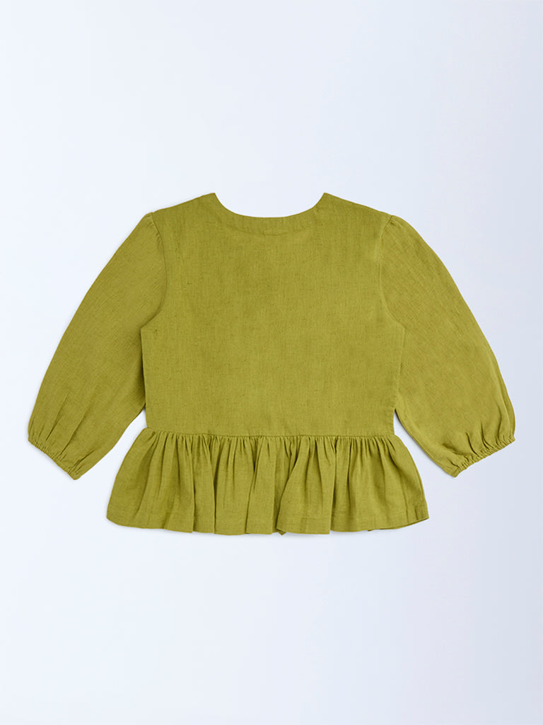 Utsa Kids Green Floral Embroidered Cotton Peplum Top - (8-14yrs)