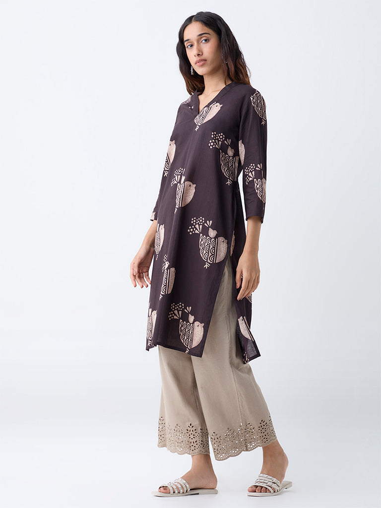 Utsa Dark Brown Printed Cotton Straight Kurta