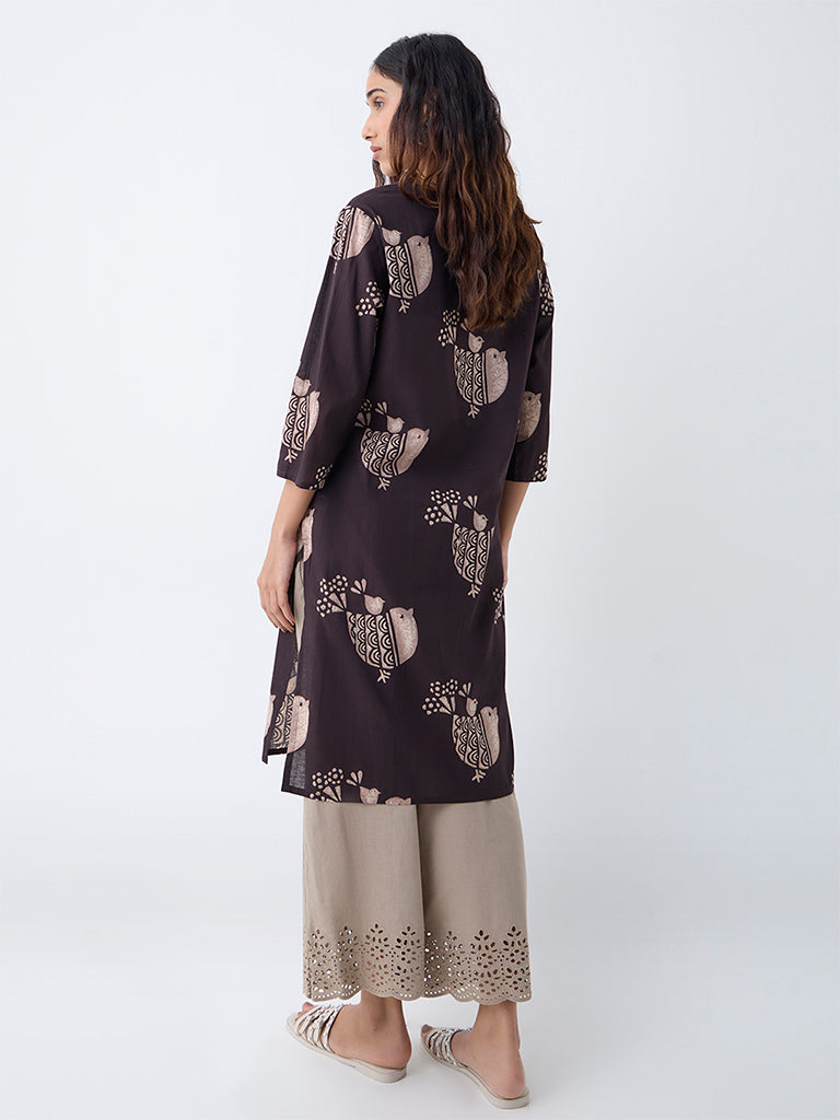 Utsa Dark Brown Printed Cotton Straight Kurta
