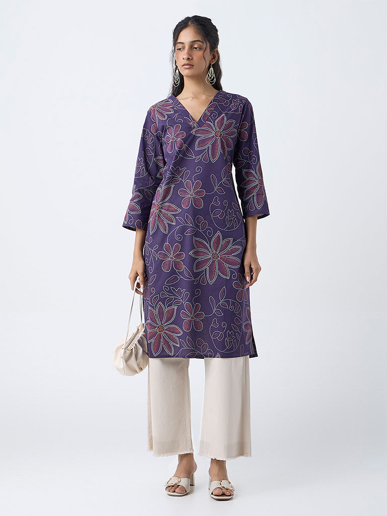 Utsa Purple Bandhani Print Straight Cotton Kurta