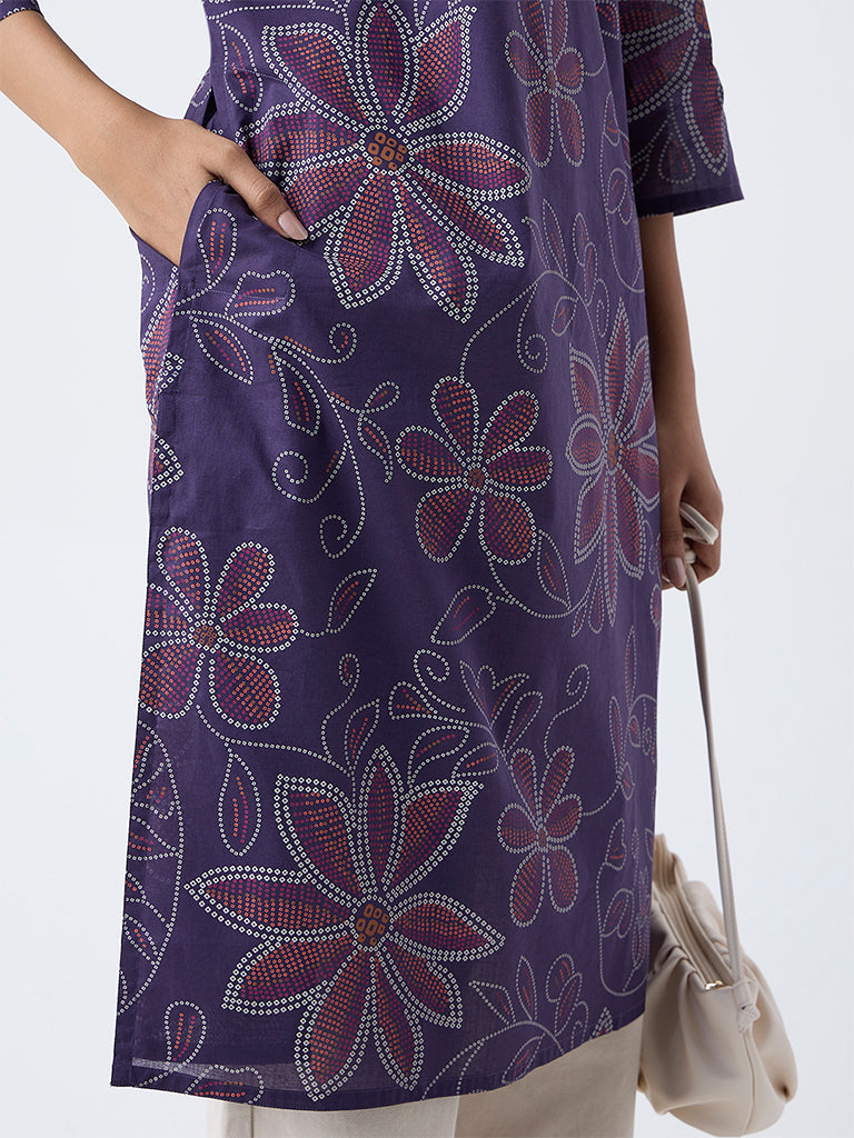 Utsa Purple Bandhani Print Straight Cotton Kurta