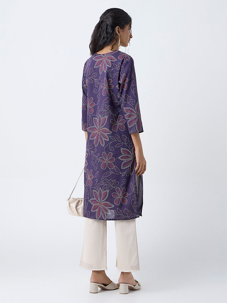 Utsa Purple Bandhani Print Straight Cotton Kurta