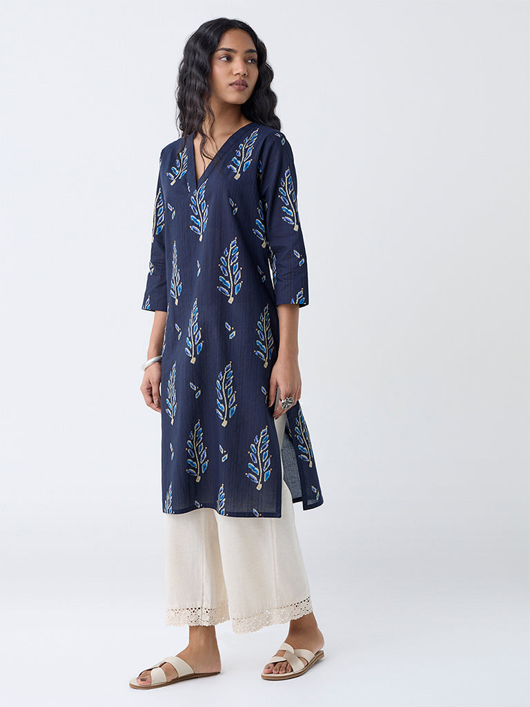 Utsa Indigo Botanical Design Cotton Straight Kurta