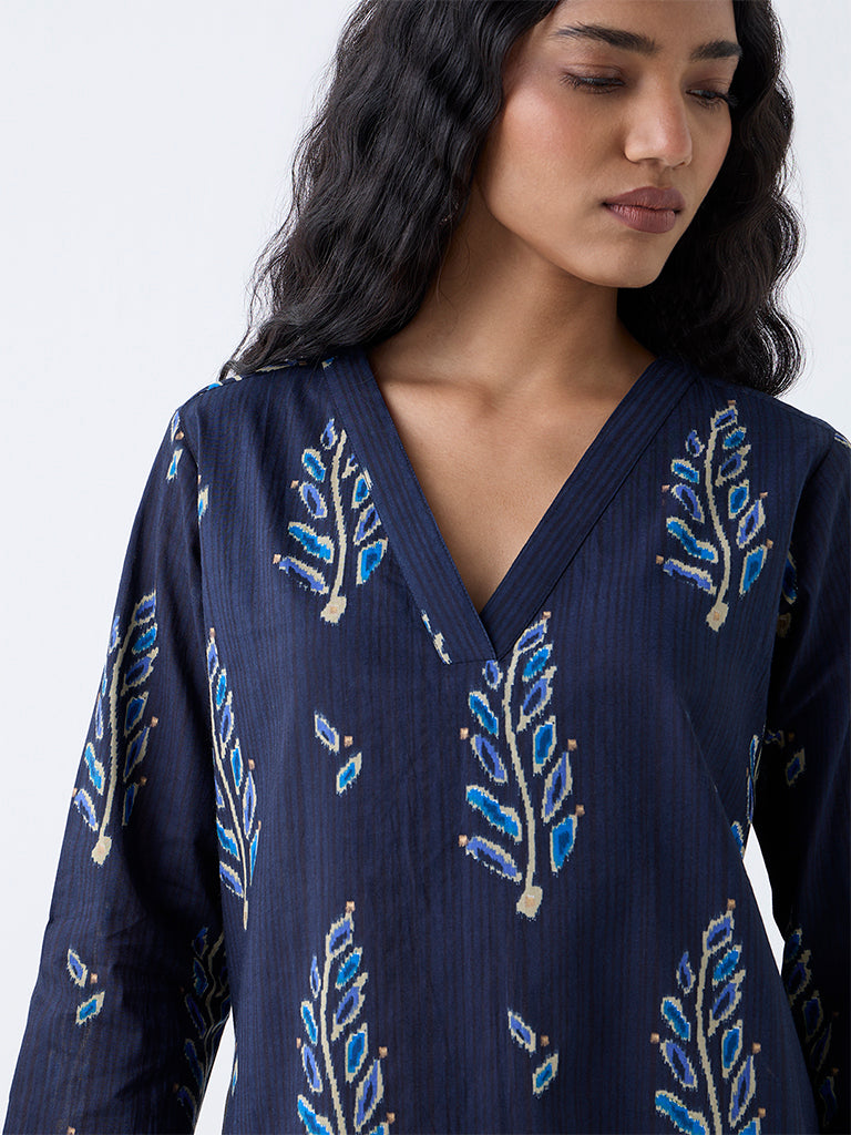 Utsa Indigo Botanical Design Cotton Straight Kurta