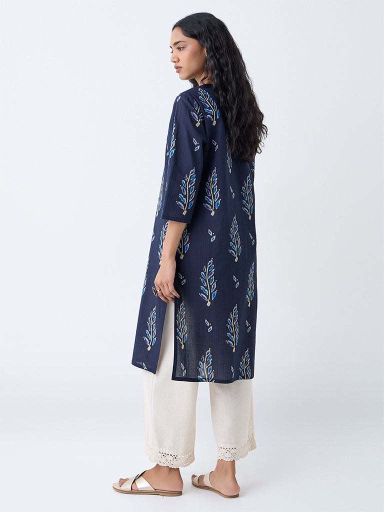 Utsa Indigo Botanical Design Cotton Straight Kurta