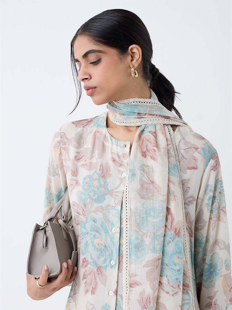 Zuba Off-White Floral Printed Dupatta