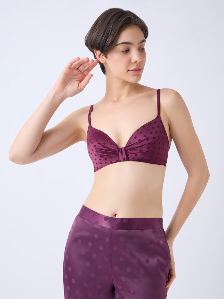 Wunderlove Wine Polka Dot Satin Padded Bra