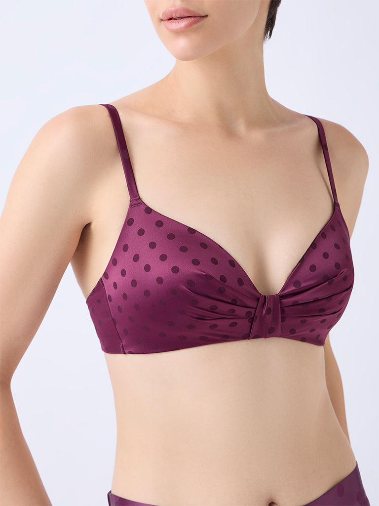 Wunderlove Wine Polka Dot Satin Padded Bra