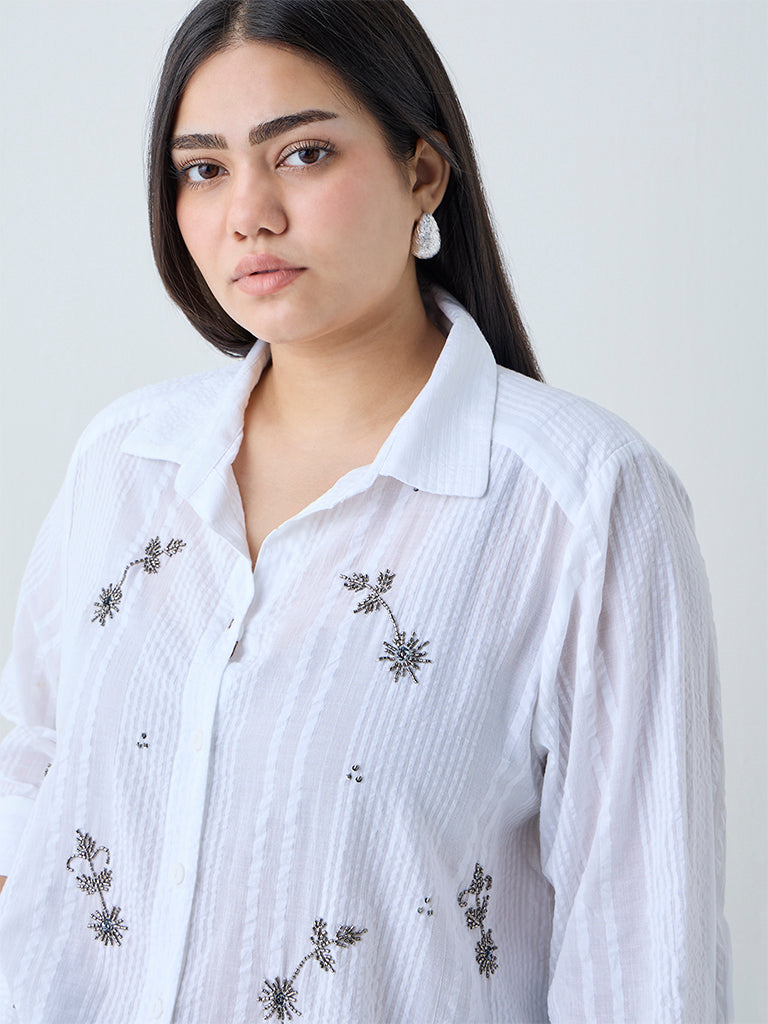 Westside Gia Women's White Embellished Cotton Shirt for Casual Wear Zoomed View