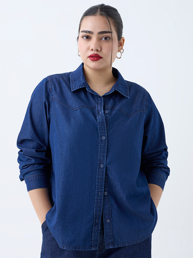 Westside Gia Women's Dark Blue Denim Shirt for Casual Wear Front view