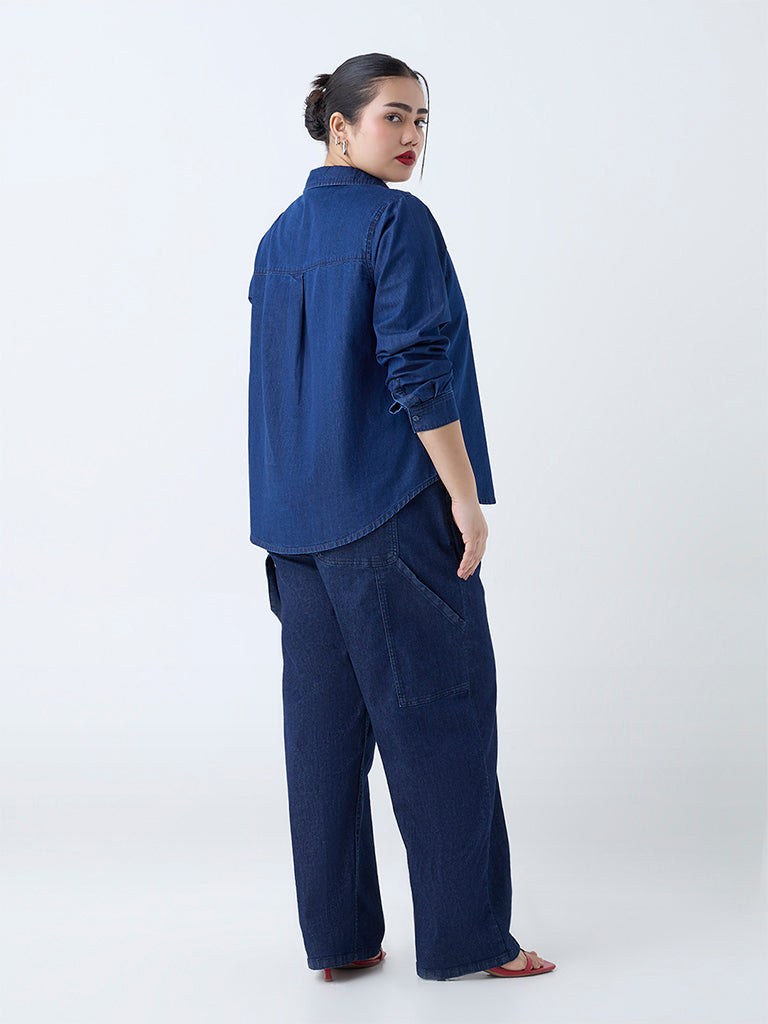 Westside Gia Women's Dark Blue Denim Shirt for Casual Wear Back View