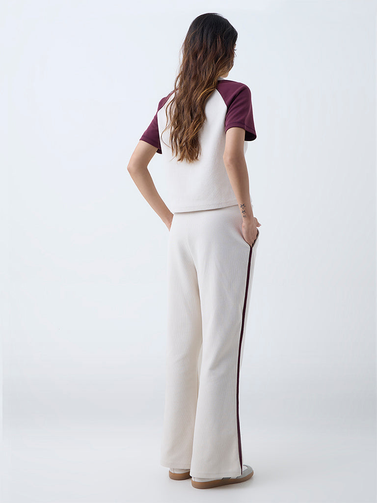Studiofit Cream Striped High-Rise Pants