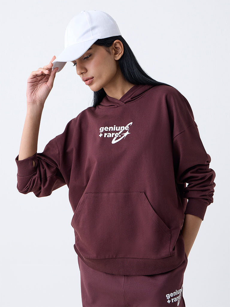 Westside Studiofit Women's Dark Brown Typographic Cotton Hoodie for Winter Wear Front view